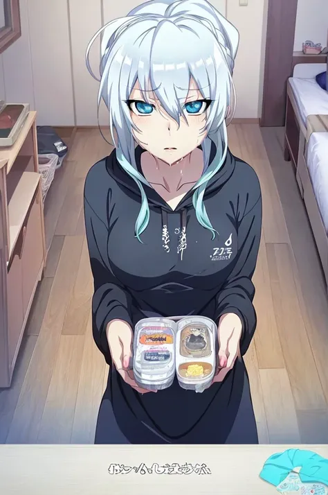 Yukino, A bed, Wearing a black hoodie，Silver hair and eyes, Cute girl anime visual, Animated movie screenshots, & Her expression is serious., A black face, In animation, In anime, Animated visual of a young woman, She has a cute expression, Anime Stills, P...