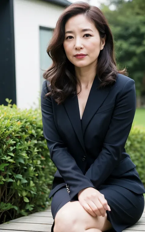 ((Best Quality, 8k, Masterpiece: 1.3)), Photorealistic, Sharp Focus, High Quality, High Definition, Portrait, Solo, Japan, Middle Aged Woman, Beauty, 43 years old, Plump, Wavy Hair, Business suit, Wrinkles at the corners of the eyes,  Open legs, Narrow bac...