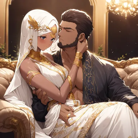 ((Highest quality)), ((masterpiece)), (detailed), （Perfect Face）、The woman is a Muslim Arab woman named Tsukino Usagi with vivid brown skin, and she is wearing a gorgeous, glittering Arab national costume with gold embroidery, a gorgeous hijab, a gorgeous ...