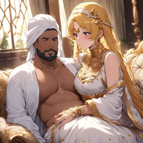 ((Highest quality)), ((masterpiece)), (detailed), （Perfect Face）、The woman is a Muslim Arab woman named Tsukino Usagi with vivid brown skin, and she is wearing a gorgeous, glittering Arab national costume with gold embroidery, a gorgeous hijab, a gorgeous ...