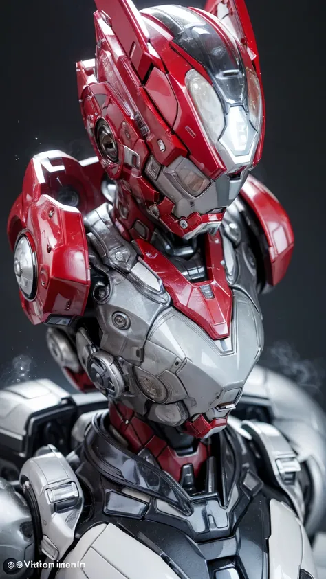 Highest quality　8k Red Iron Man Suit Girl　Japanese middle-aged women　Sweaty face　cute　short hair　boyish　Steam coming out of my head　My hair is wet with sweat　The feel of black hair　Full body portrait　My upper body is soaked　 Airtight headgear　I can see the...