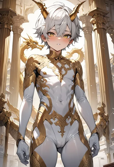 High quality，(Best quality, 4K, A high resolution, Masterpiece:1.2), Super detailed，（1 boy），（（（solo））），juvenile，male，（Male juvenile）, Handsome and cute boy, snow-white hair, no bang，golden dragon horn,White tights with gold pattern，bodysuit，short hair,Gold...