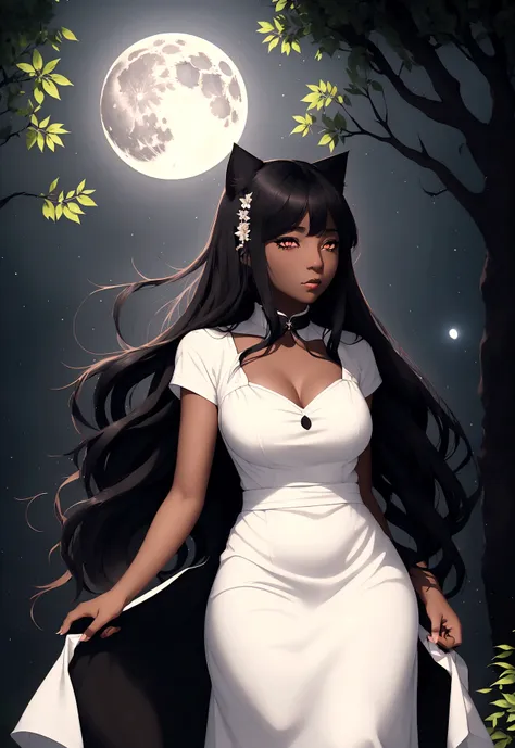 woman black cat breasts 95 b white linen dress forests night full moon