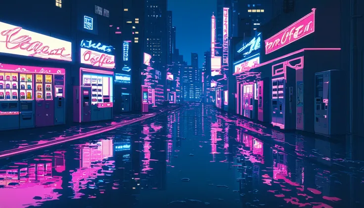 retro anime style, 1980s anime, hand drawn animation, cellular shading, night view of the city center, natta, clouded, neon sign...