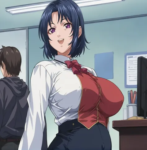 score_9, score_8_up,   pretty girl .     source_anime  Bibl3  .  in office      . wearing  ,   skirt  , good eyes.  detailed breasts.     .   huge breast     .  pregnant  .   standing. magic aura .  female expressionless . smile . open mouth . blank eyes ....