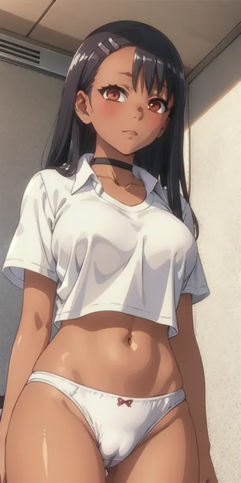 miyamizu_mitsuha, red bowtie,
jewelry, white yoga crop top, white yoga tight shorts, hands on chest,see-through, looking at viewer,  hair ornament, choker, shy,
(masterpiece, top quality, best quality, official art, beautiful and aesthetic:1.2), (1 girl), ...