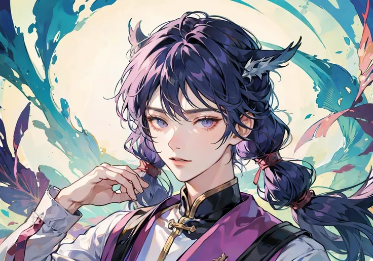 chinese male mermaid drawn in anime style, comes with beautiful little aqua ear fins, purple eyes, purple long hair, head down, ...