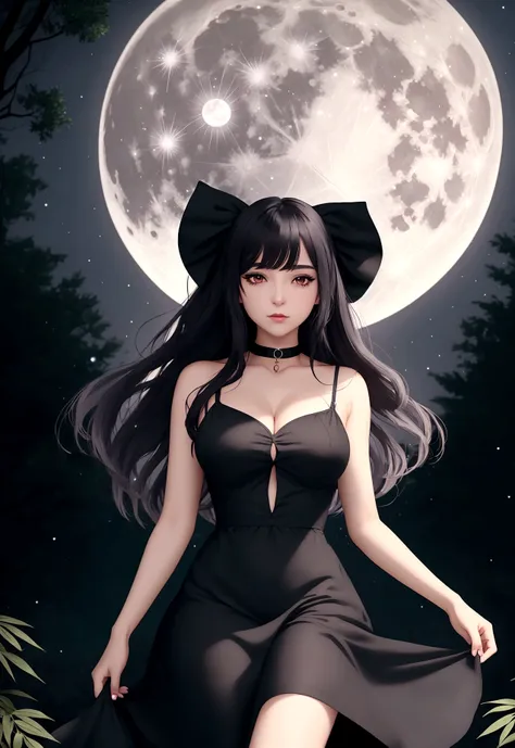 woman black cat breasts 95 b white linen dress forests night full moon