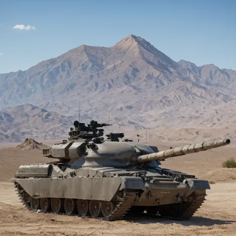 A chftntank tank positioned on a sandy desert hilltop, overlooking an arid landscape with distant mountains under a clear blue sky.  shark face, drive in dessert, clouds