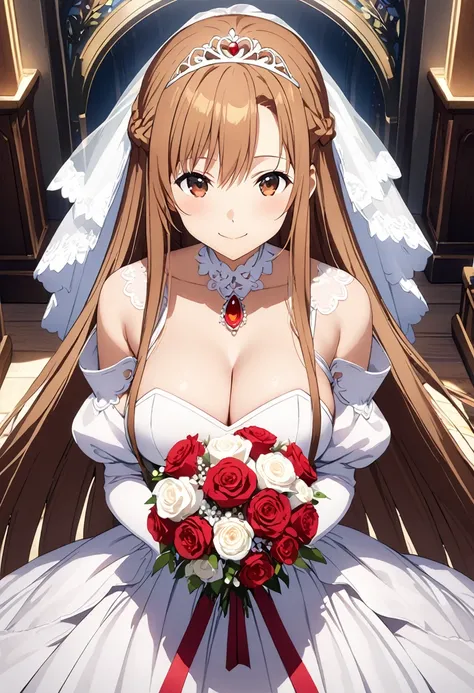 Highest quality、Super detailed、High resolution illustrations、Ultra-high-definition CG、８k size wallpaper、Production Art、Light novel illustrations、（１People Girls)、asuna yuuki, long hair, bangs, brown hair, brown eyes, very long hair, braid、dress, bare should...