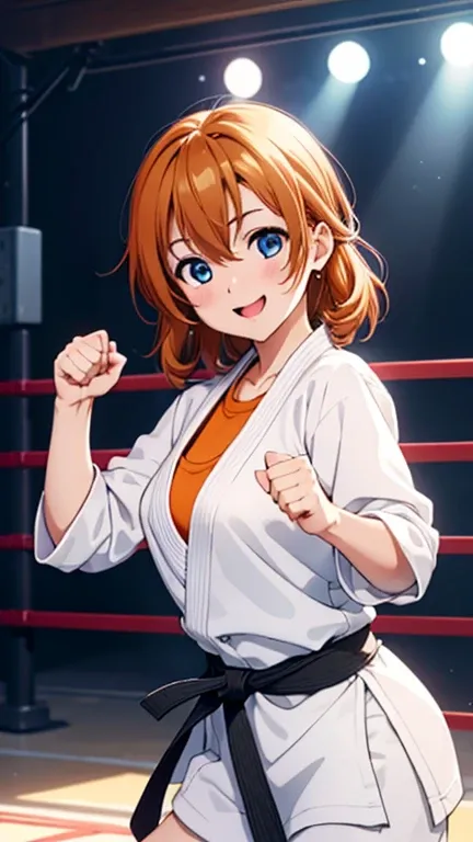 (masterpiece, 最high quality, high quality), Upper Body,Volumetric lighting, figure, beautiful, Perfect lighting, Perfect Shadow, (Nice views:1.1), Blushing, In-person audience, Are standing,Honoka Kousaka, blue eyes, Orange Hair,Empty-handed,White Karate C...