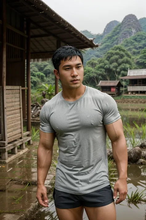 独奏 , 1 person , portrait of a handsome asian rugby player, short hair, no beard, muscular, big muscles, wearing a gray round nec...