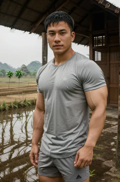 独奏 , 1 person , Portrait of a handsome Asian rugby player, short hair, no beard, muscular, big muscles, wearing a gray round neck t-shirt, wet, outdoors, rice field, countryside, hut, Thailand, Laos, Burma, Asia.