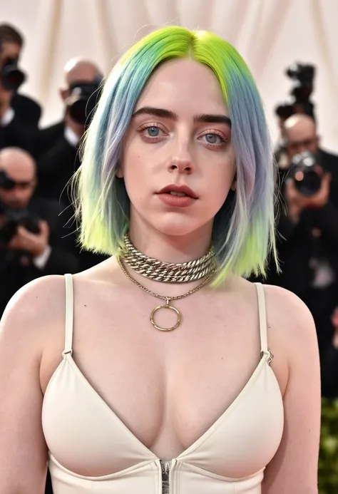 Do Billie Eilish with hair like a busty nineties woman wearing a tight bra 