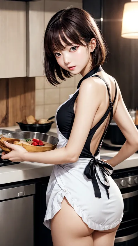 Ultra HD、Highest quality、Young wife in the kitchen、Super detailed、Particles of light:0.5、Shiny and smooth skin texture、、Beautiful Eyes、、Natural Texture、Short Hair、、Mature slender beauty、Small breasts、Dignified face、Naked Apron、Bare buttocks、Tight ass