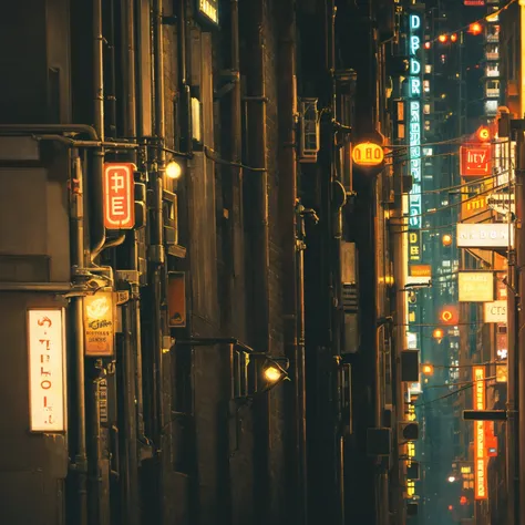 night,, (city street), (neon sign),) (cinematic), alleyway, (dark night), (street light), (buildings), (rooftop)