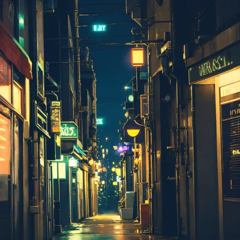 night,, (city street), (neon sign),) (cinematic), alleyway, (dark night), (street light), (buildings), (rooftop)