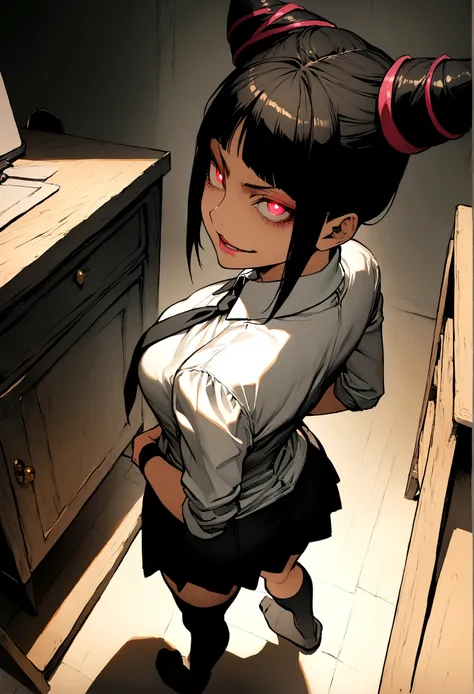 juri han, artwork, tight white secretary shirt with black tie, skirt short preta, skirt short,sock, bblack hair, blackstockings,...