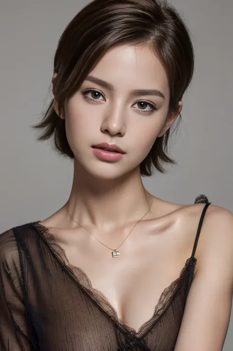 ((Highest quality、8K、masterpiece: 1.Perfect Body Beauty: 1.4、Slim Abs: 1.2、Beautiful woman with slim abs:1.3、(Highlight Haircut East B Cup:1.2), Mid-chest, Round shaped breasts, Perfectly shaped breasts, ( Portrait Photography, Studio Light, ),  necklace, ...