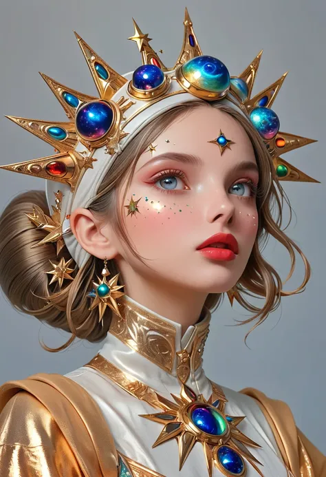 1girl, beautiful detailed eyes, beautiful detailed lips, extremely detailed face and skin, elaborate star headpiece, orbit, clean background, (best quality, 4k, 8k, highres, masterpiece:1.2), ultra-detailed, realistic, photorealistic, photo-realistic:1.37,...