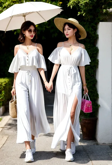 candid fashion illustration of young mixed Asian man and woman, both aged 20 year old, ((showcase fashion look book in a White rayon outfits)), inspired by Zaras resort collection 2020 in elegant young bohemian style. The man wears an oversized short-sleev...