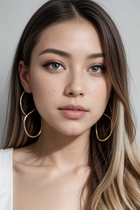 A young 19-year-old woman named Lila Nakamura with a Northern European heritage. She has thick dark black eyeliner, glossy lips, and a cute, endearing expression. She has straight, blonde hair with blonde highlights that falls just past her shoulders, styl...