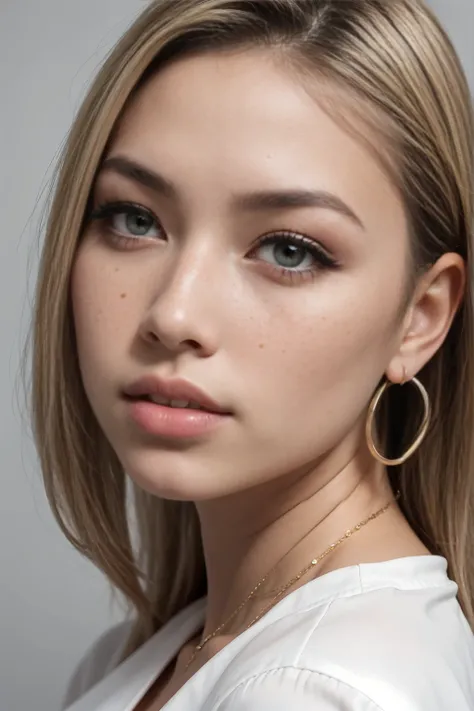 A young 19-year-old woman named Lila Nakamura with a Northern European heritage. She has thick dark black eyeliner, glossy lips, and a cute, endearing expression. She has straight, blonde hair with blonde highlights that falls just past her shoulders, styl...