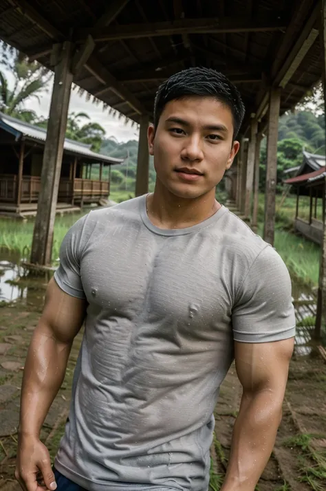 独奏 , 1 person , Portrait of a handsome Asian rugby player, short hair, no beard, muscular, big muscles, wearing a gray round neck t-shirt, wet, outdoors, rice field, countryside, hut, Thailand, Laos, Burma, Asia.