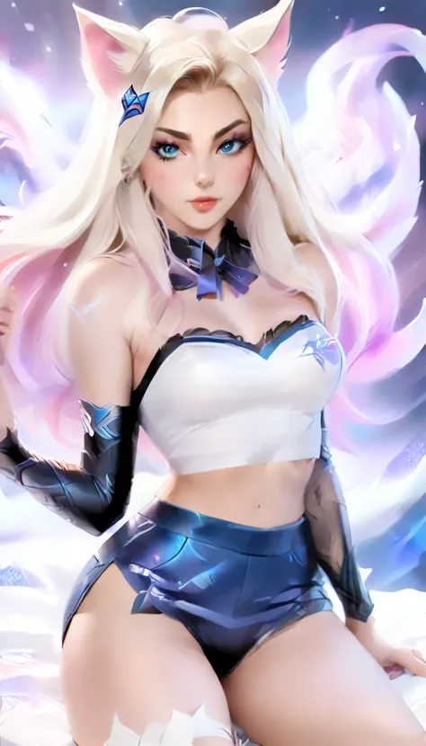 best qualityer, super detaill, work of art, ultra HD, 8K, 1 girl, focus on the girl, Ahri KDA The Baddest, League of legends, sexy e sensual, on the  bed, showing off your thighs, emphasis on the thighs.