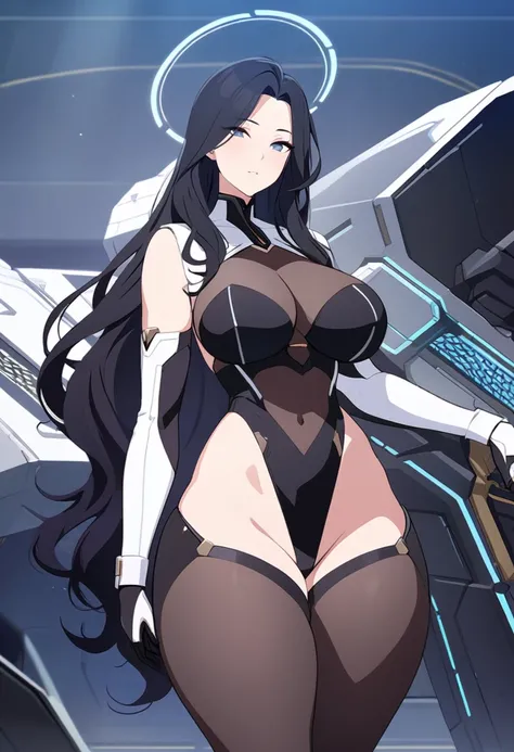 young woman, curvy body, thick thighs, long black luxurious hair, Science fiction, sexy costume, calm look, 