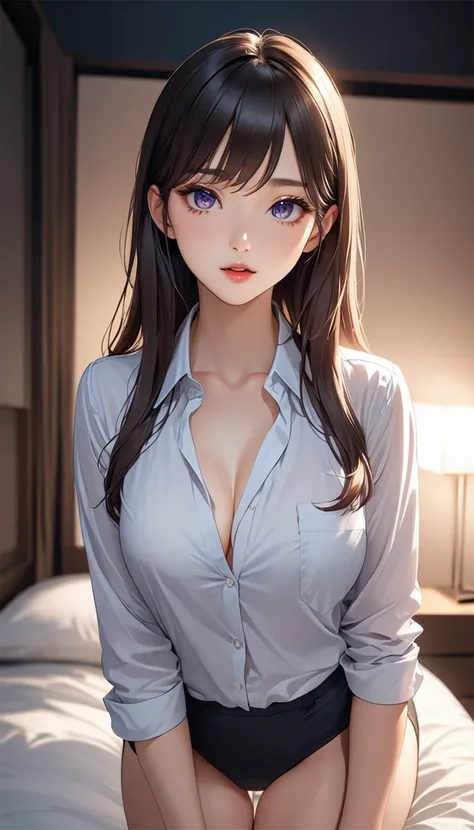 (((masterpiece))),(((high resolution)))、((beautiful woman))、(((Korean Secretary)))、(30 years old), (((business shirt)))、night、standing and looking at me, (((high resolution face))), (((high resolution eyes))), (((panty))), bedroom, under wear
