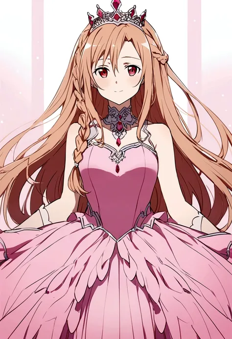 Asuna from Sword Art Online, She wears a beautiful side braid, she wears a pink dress, looks like a queen.