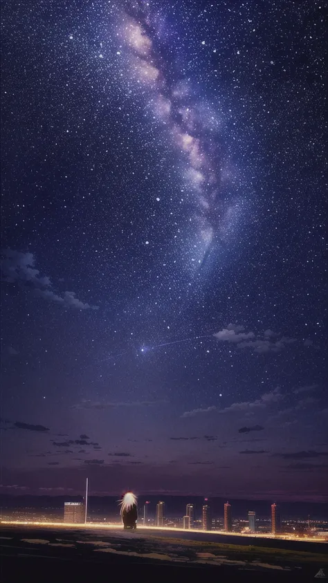 Octane, null, star (null), scenery, starry null, night, One girl, night null, alone, Outdoor, sign, building, cloud, milky way, Sitting, wood, Long Hair, city, silhouette, cityscape