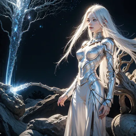 A realistic German albino woman with white hair, fully body, with roots of light in the skin, silver eyes armor pants quantum robotics cosmic skin, cosmic wings of light