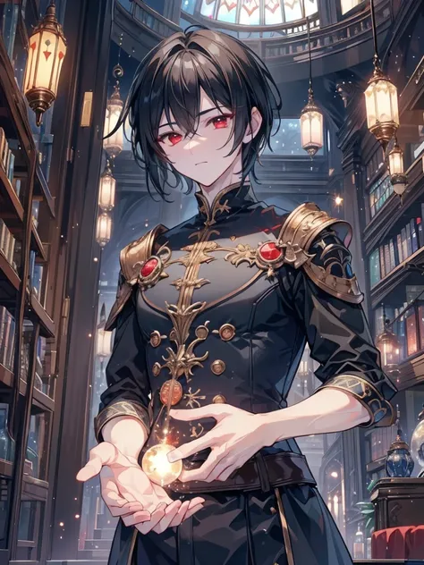 (masterpiece),(top-quality),(ultra-detailed),(hight resolution),(in 8K animation),(beautifull detailed face),(beatiful detailed eyes),(anatomically correct),1boy,handsome,black hair,very short hair,bangs between eyes,red eyes,Night scene,library,sorcery,a ...