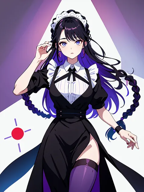 Dressed in maid uniform ,　Mature face,tall, Wearing black tights,Blue Eyes,Updo, Braided Hair, He wore black trousers, whole body黒の服, The skin is hidden　and gradient hair, (Ink blotches:1.1), (pale:1.2),(purple:1.2),(Red/Black:1.2), I was wearing long pant...