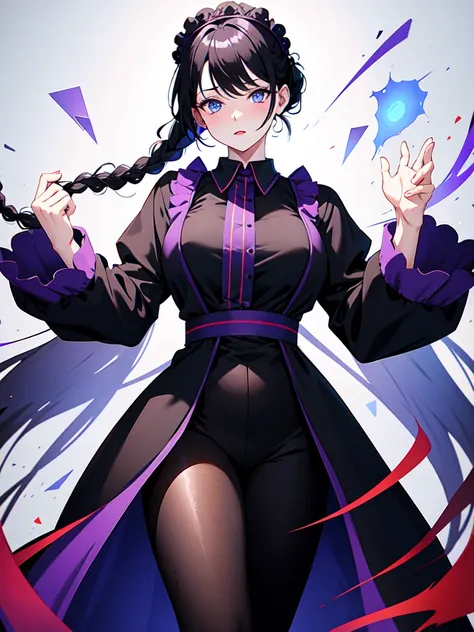 Dressed in maid uniform ,　Mature face,tall, Wearing black tights,Blue Eyes,Updo, Braided Hair, He wore black trousers, whole body黒の服, The skin is hidden　and gradient hair, (Ink blotches:1.1), (pale:1.2),(purple:1.2),(Red/Black:1.2), I was wearing long pant...