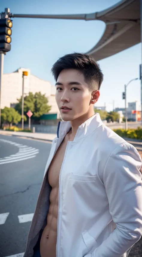 Masterpiece, best quality best, 1 young man, Asian man, East Asian people, one person, The muscles are in good proportion., Posing obscenely, short hair details， white teeth, jacket set, road background, Realistic style，photography，Can be seen from the fro...