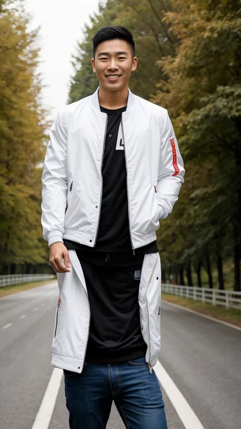 Masterpiece, best quality best, 1 young man, Asian man, East Asian people, one person, The muscles are in good proportion., Posing obscenely, short hair details， white teeth, jacket set, road background, Realistic style，photography，Can be seen from the fro...