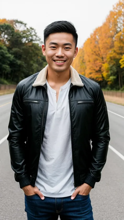 Masterpiece, best quality best, 1 young man, Asian man, East Asian people, one person, The muscles are in good proportion., Posing obscenely, short hair details， white teeth, jacket set, road background, Realistic style，photography，Can be seen from the fro...