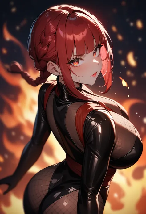 1girl,solo,super detailed skin,shiny skin,wet oily skin,serious face,lips gloss,eyelashes,glowing red eyes,red hair,blunt bangs,sidelocks,a braid,large breasts,body suit,Shinobi clothes,fishnet,standing ,simple background ,from behind ,fire magically ,mast...