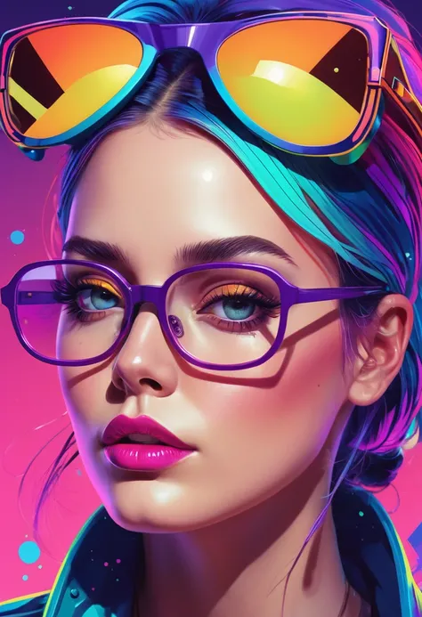 a close up of a woman with glasses on her face, jen bartel, colorful illustration, in style of digital illustration, colorfull illustration, editorial illustration colorful, trend on behance illustration, ultraviolet and neon colors, striking detailed arts...