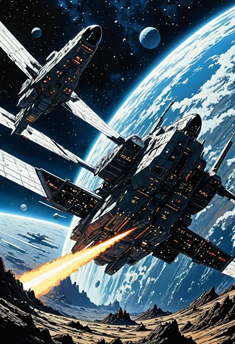 Space War, cinematic still, high budget, cinemascope, 4K epic detailed, by Katsuhiro Otomo, best quality, masterpiece, very aesthetic, perfect composition, intricate details, ultra-detailed, vivid colors