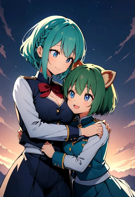 Blue-green hair　girl　Blue Eyes　Short Hair　Red Panda　stuffed toy　Second Dimension　anime　An illustration　vtuber　C Cup　Warrior uniform　military uniform long sleeves　Clothes patina　Cleavage　stuffed toy　Embrace　One person　Braided Hair Arrangement　