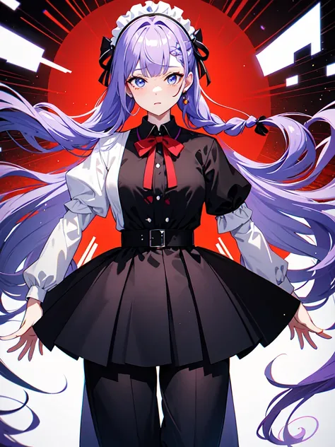 Dressed in maid uniform ,　Mature face,tall, Wearing black tights,Blue Eyes,Updo, Braided Hair, He wore black trousers, whole body黒の服, The skin is hidden　and gradient hair, (Ink blotches:1.1), (pale:1.2),(Light purple:1.2),(Red/Black:1.2), I was wearing lon...