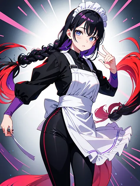 Dressed in maid uniform ,　Mature face,tall, Wearing black tights,Blue Eyes,Updo, Braided Hair, He wore black trousers, whole body黒の服, The skin is hidden　and gradient hair, (Ink blotches:1.1), (pale:1.2),(Light purple:1.2),(Red/Black:1.2), I was wearing lon...