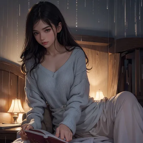 The most beautiful girl reading books in the bedroom at night during the rain outside