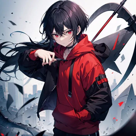 Human male, body with bandages, holding a long scythe, black hair, wearing a dark red hoodie