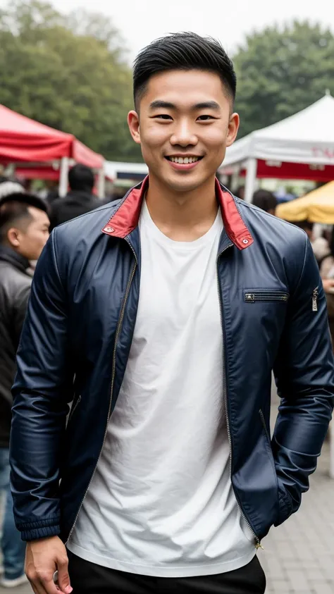 Masterpiece, best quality best, 1 young man, Asian man, East Asian people, one person, The muscles are in good proportion., Posing obscenely, short hair details， white teeth, jacket set, market background, Realistic style，photography，Can be seen from the f...