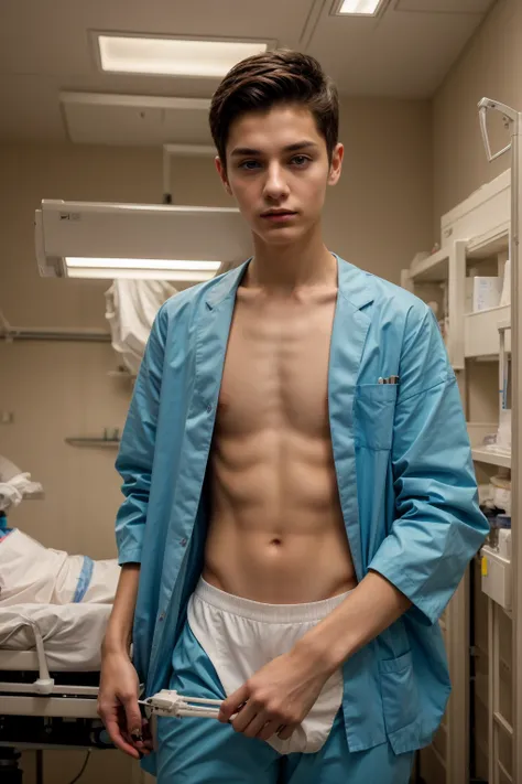 A beautiful young male twink with a face with reddish makeup. He has black hair. He is wearing a white long-sleeved shirt and aqua blue pants. He is in the surgical theater working as a surgical genius. He is a medical genius. Behind him are medical device...